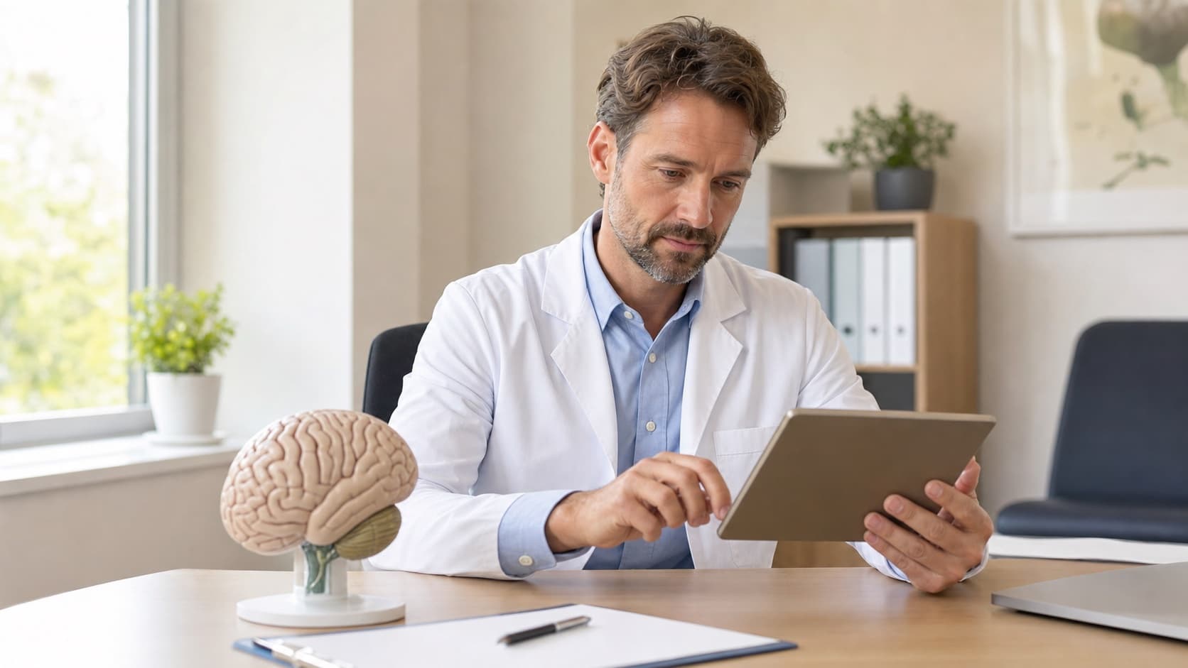 Arzt prüft digitale Gesundheitsinformationen in einer Praxisumgebung.