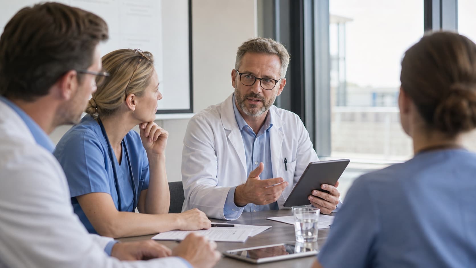 Medizinisches Team bespricht digitale Versorgung am Tablet.
